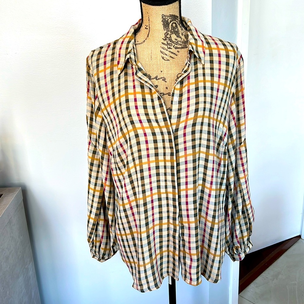 Fun Plaid Button Down, Puff Sleeve